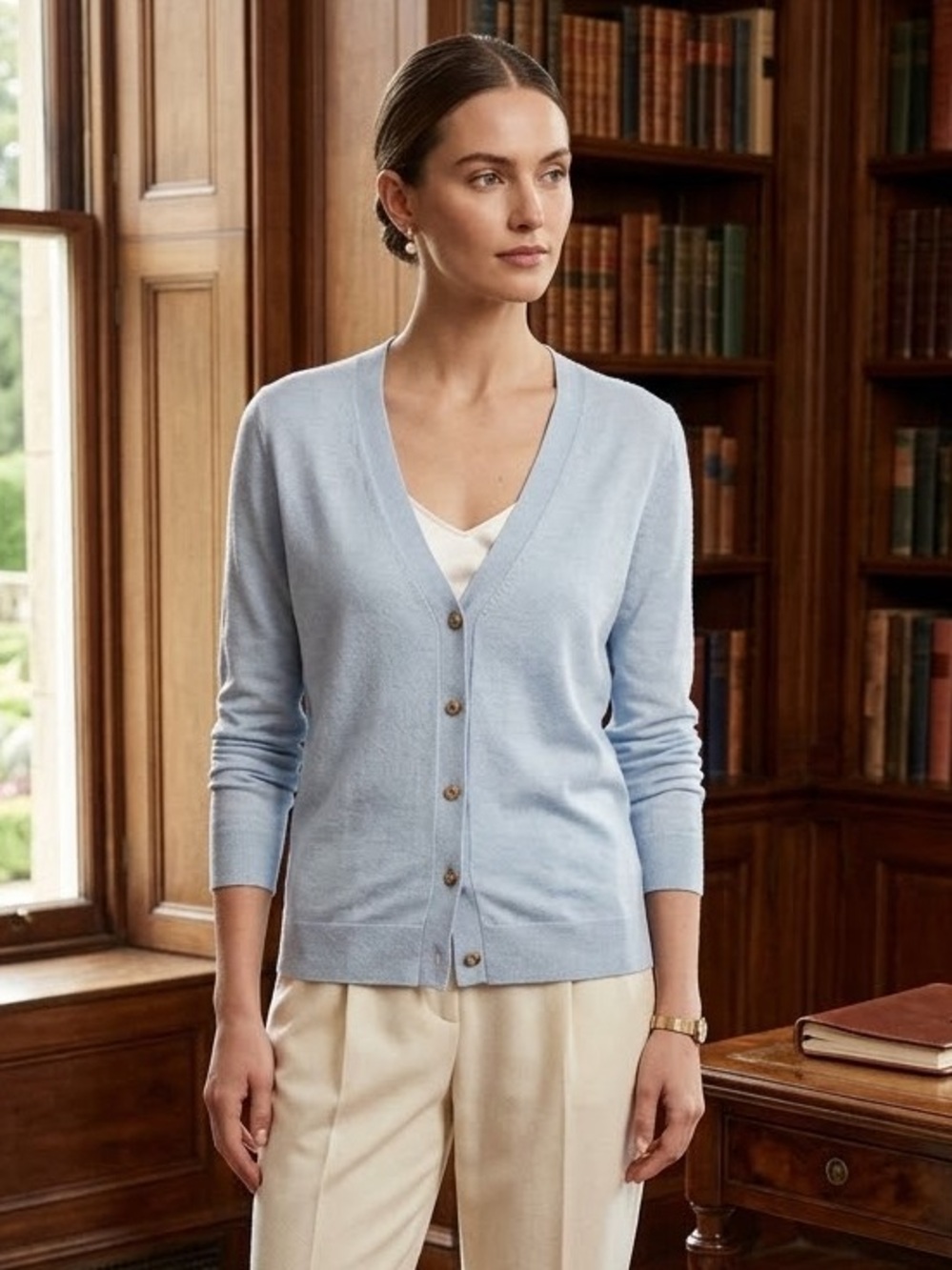 J. Crew Light Blue Merino Wool Blend V-Neck Cardigan XS Elevated Preppy Layering